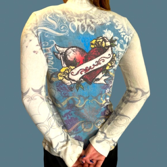 Fabulous Rare Vintage Love Heart Graphic Design Mock Neck Long Sleeve Sweater - Picture 4 of 9